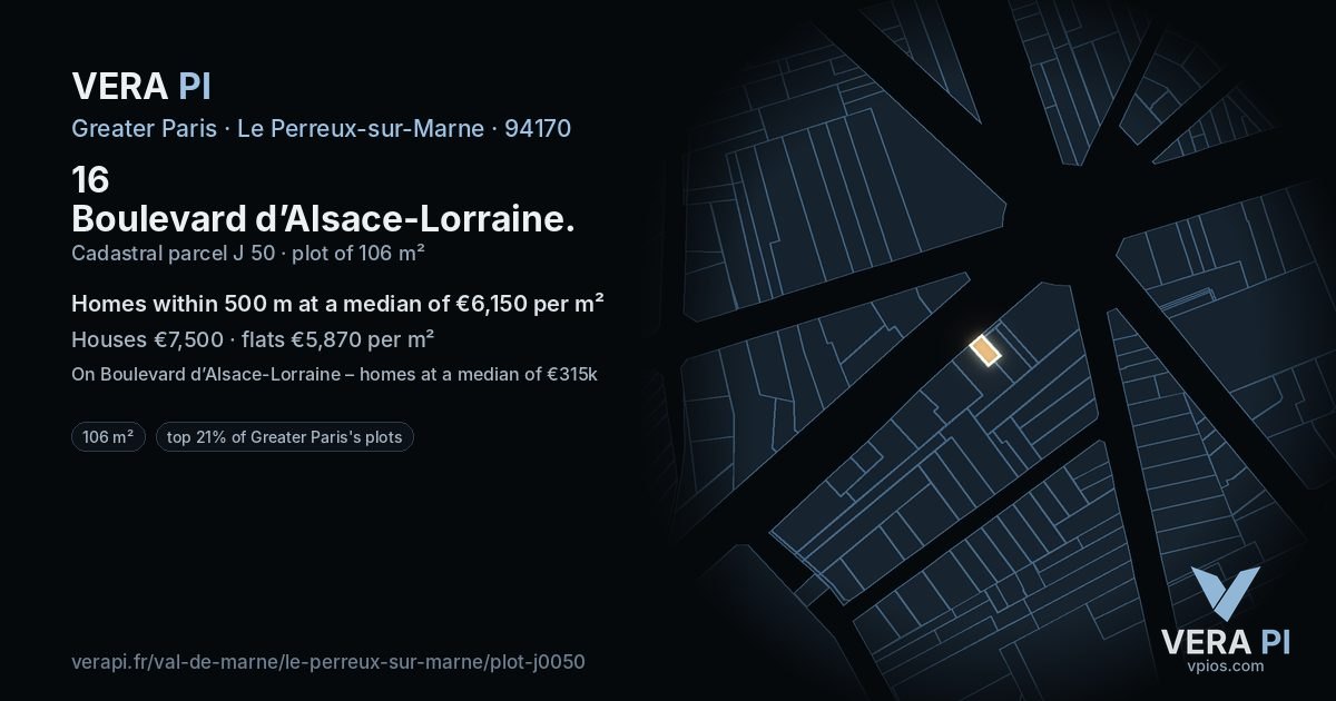 16 Boulevard d’Alsace-Lorraine, Le Perreux-sur-Marne at night – the plot lit, the parcels around coloured by the prices near them