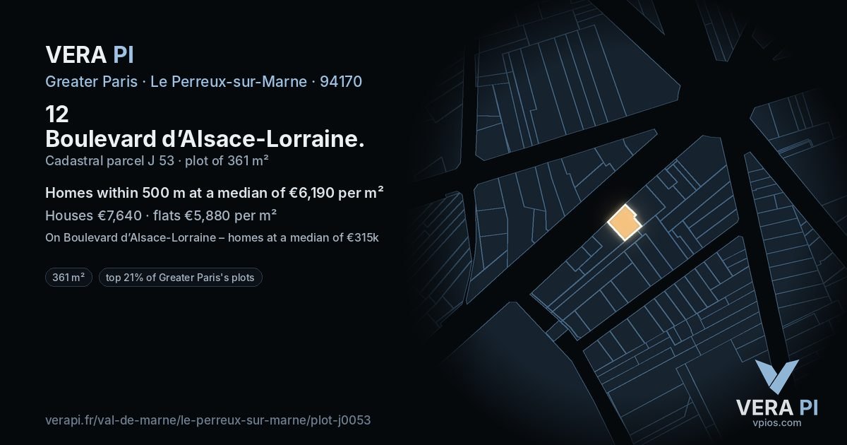 12 Boulevard d’Alsace-Lorraine, Le Perreux-sur-Marne at night – the plot lit, the parcels around coloured by the prices near them