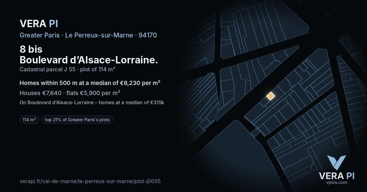 8 bis Boulevard d’Alsace-Lorraine, Le Perreux-sur-Marne at night – the plot lit, the parcels around coloured by the prices near them