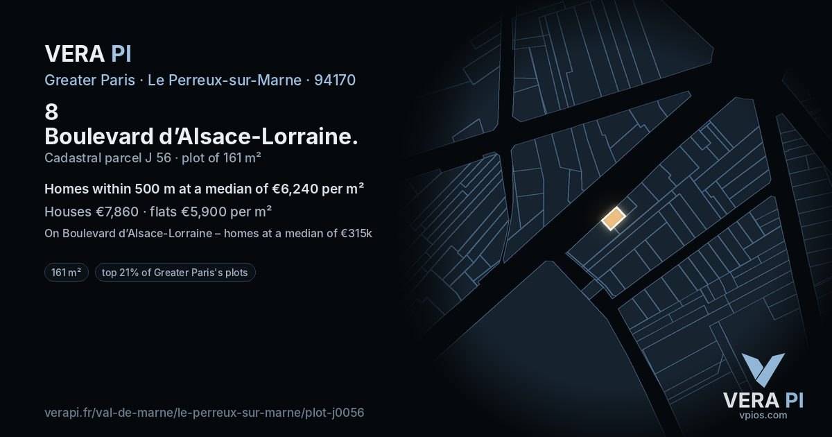 8 Boulevard d’Alsace-Lorraine, Le Perreux-sur-Marne at night – the plot lit, the parcels around coloured by the prices near them