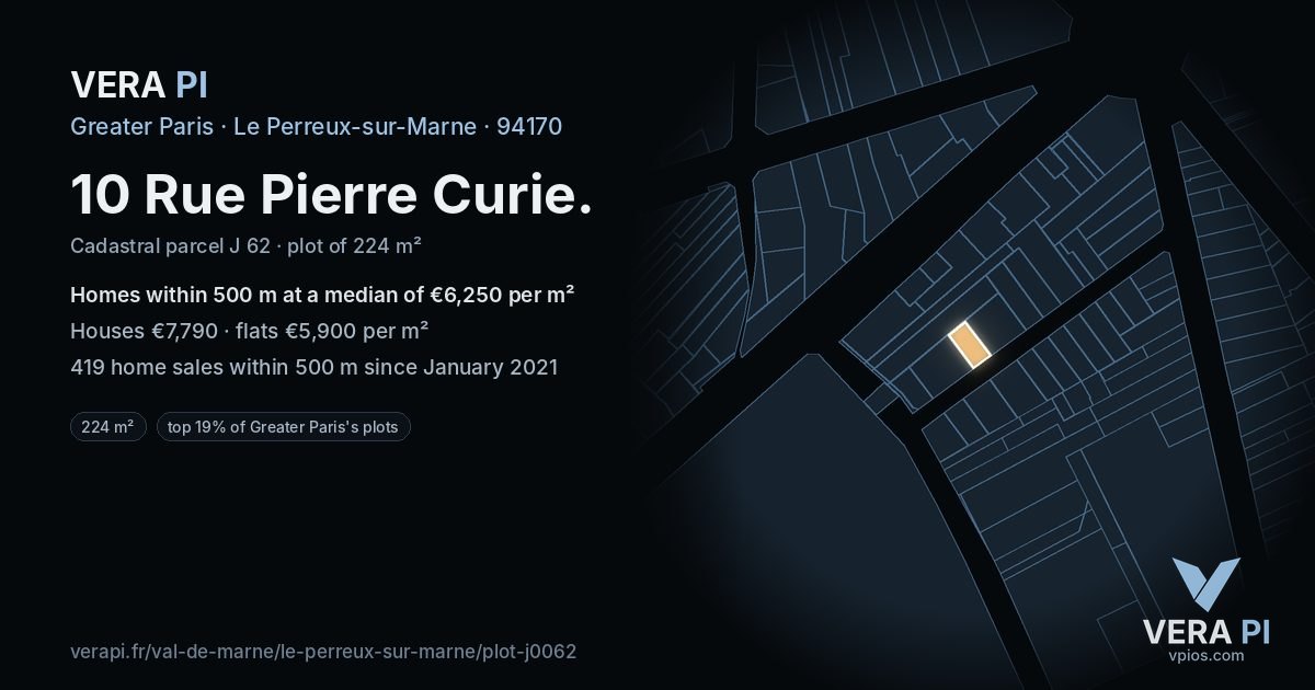 10 Rue Pierre Curie, Le Perreux-sur-Marne at night – the plot lit, the parcels around coloured by the prices near them