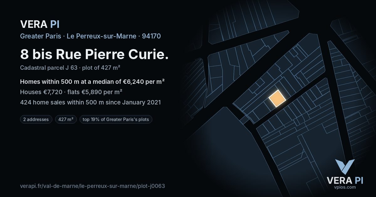8 bis Rue Pierre Curie, Le Perreux-sur-Marne at night – the plot lit, the parcels around coloured by the prices near them