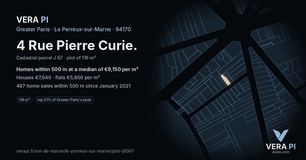 4 Rue Pierre Curie, Le Perreux-sur-Marne at night – the plot lit, the parcels around coloured by the prices near them