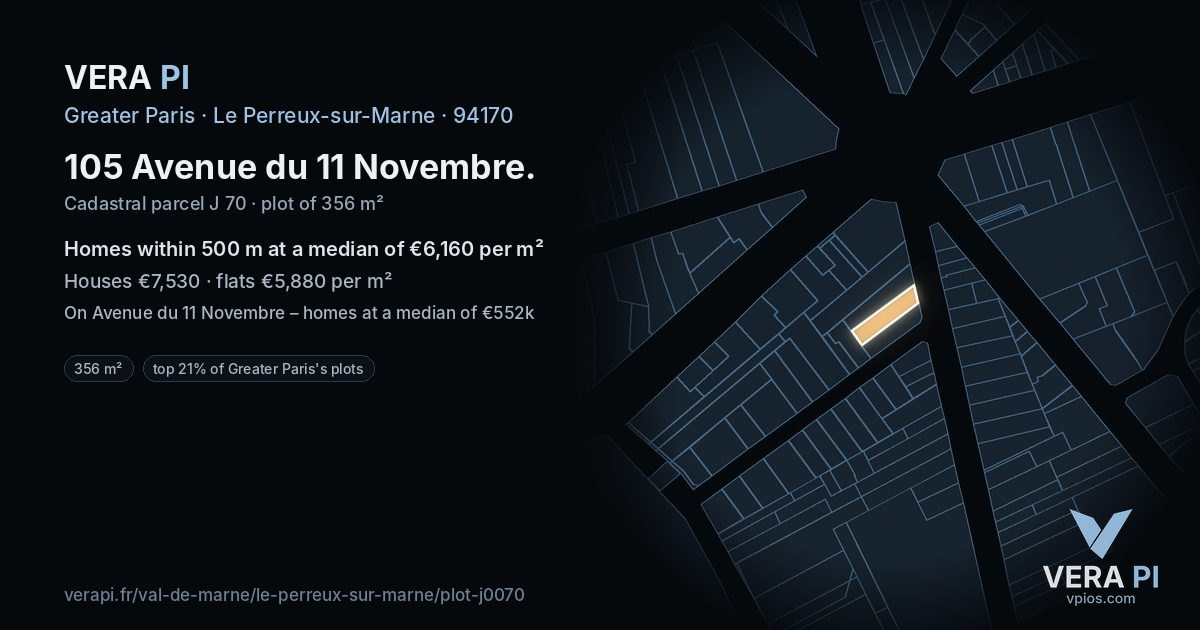105 Avenue du 11 Novembre, Le Perreux-sur-Marne at night – the plot lit, the parcels around coloured by the prices near them