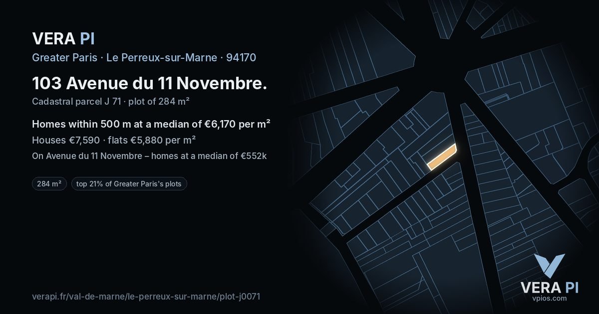 103 Avenue du 11 Novembre, Le Perreux-sur-Marne at night – the plot lit, the parcels around coloured by the prices near them
