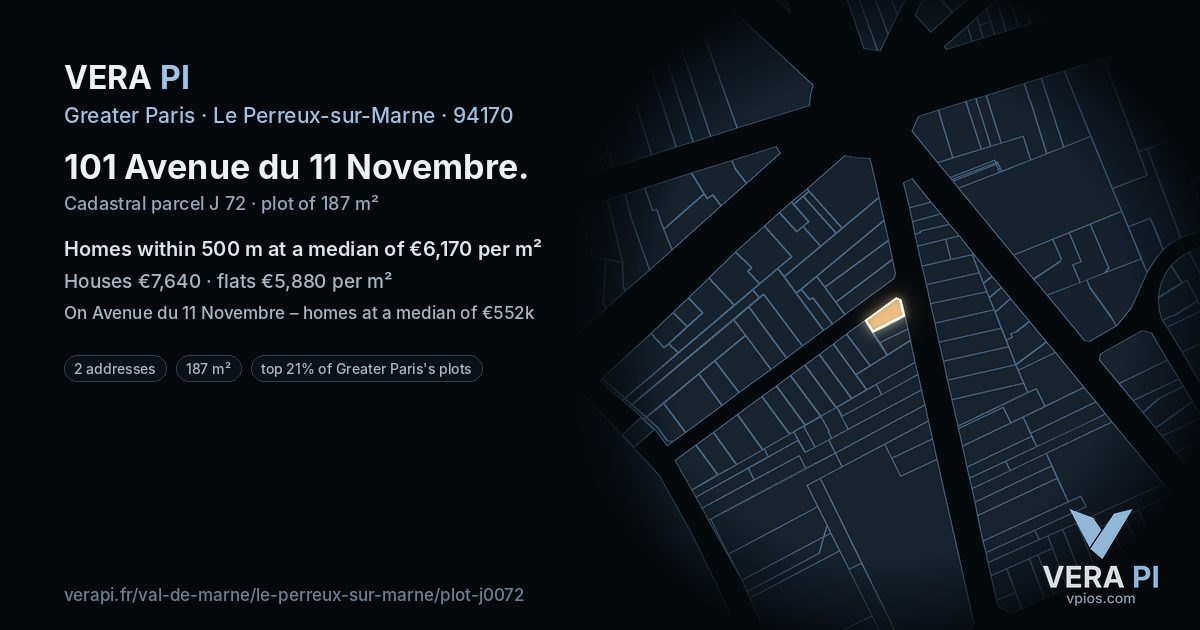 101 Avenue du 11 Novembre, Le Perreux-sur-Marne at night – the plot lit, the parcels around coloured by the prices near them
