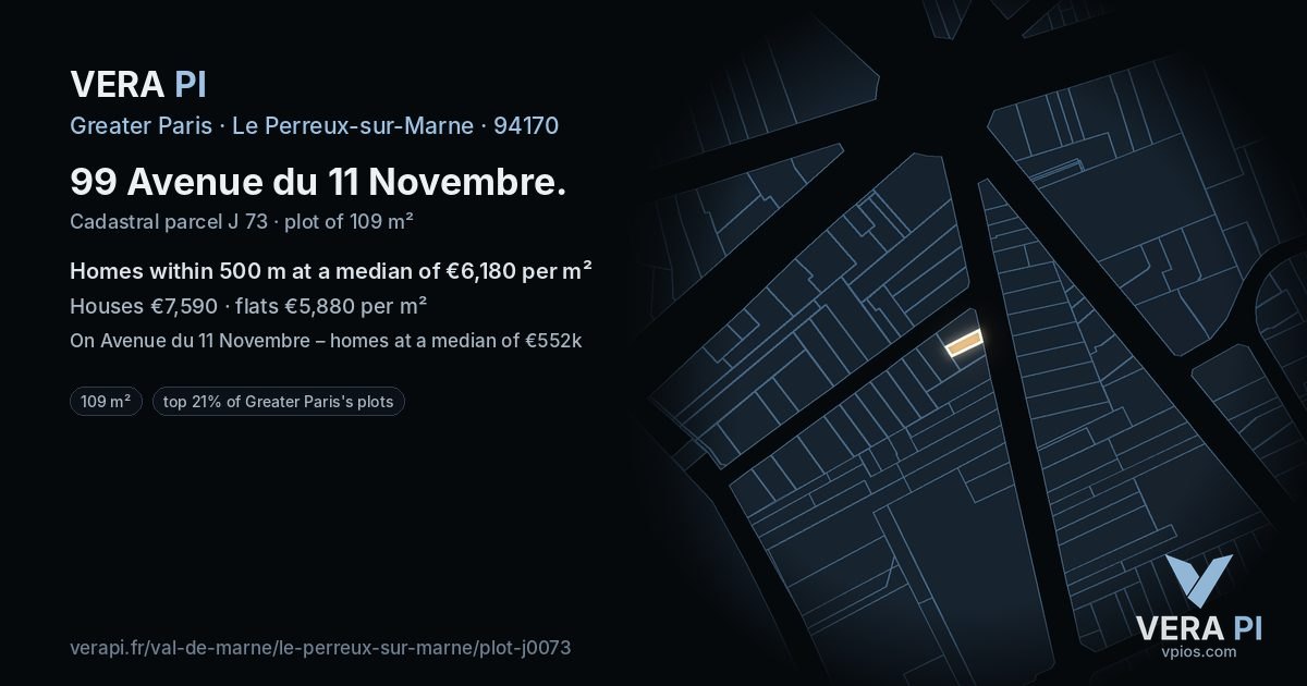 99 Avenue du 11 Novembre, Le Perreux-sur-Marne at night – the plot lit, the parcels around coloured by the prices near them