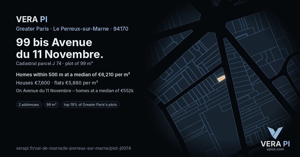 99 bis Avenue du 11 Novembre, Le Perreux-sur-Marne at night – the plot lit, the parcels around coloured by the prices near them