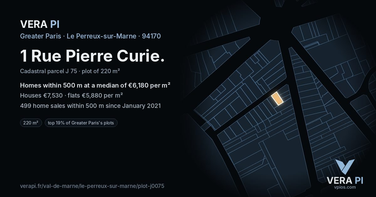 1 Rue Pierre Curie, Le Perreux-sur-Marne at night – the plot lit, the parcels around coloured by the prices near them