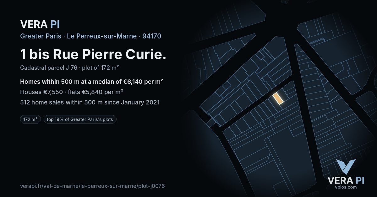1 bis Rue Pierre Curie, Le Perreux-sur-Marne at night – the plot lit, the parcels around coloured by the prices near them