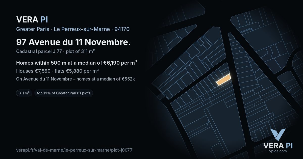 97 Avenue du 11 Novembre, Le Perreux-sur-Marne at night – the plot lit, the parcels around coloured by the prices near them