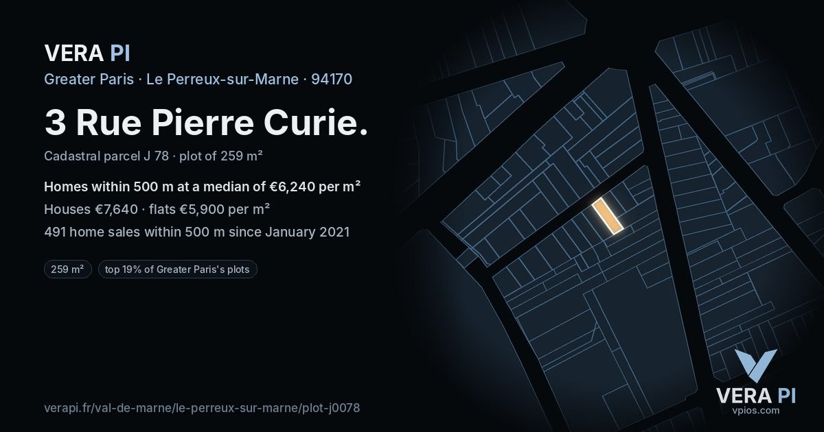 3 Rue Pierre Curie, Le Perreux-sur-Marne at night – the plot lit, the parcels around coloured by the prices near them