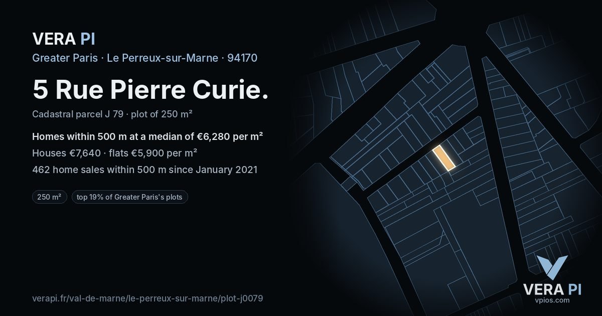 5 Rue Pierre Curie, Le Perreux-sur-Marne at night – the plot lit, the parcels around coloured by the prices near them