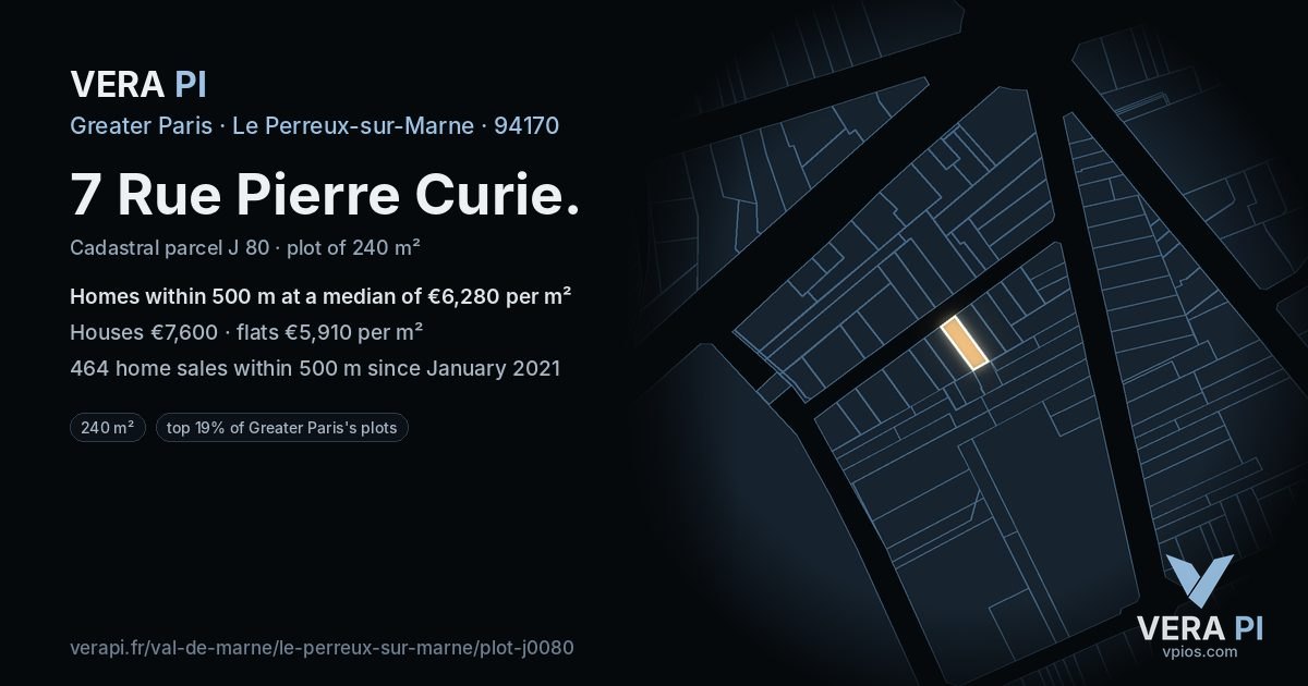 7 Rue Pierre Curie, Le Perreux-sur-Marne at night – the plot lit, the parcels around coloured by the prices near them