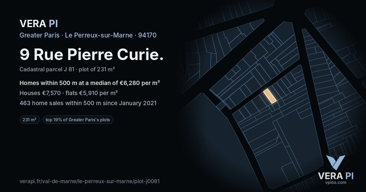9 Rue Pierre Curie, Le Perreux-sur-Marne at night – the plot lit, the parcels around coloured by the prices near them
