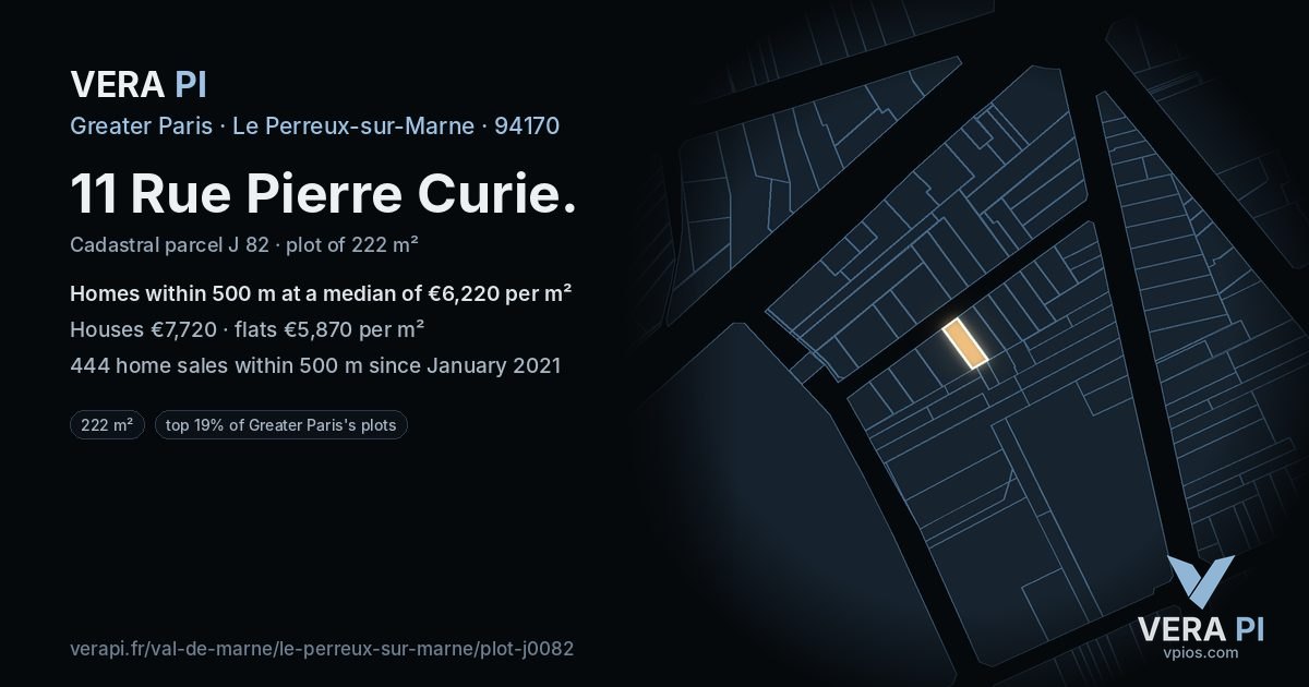 11 Rue Pierre Curie, Le Perreux-sur-Marne at night – the plot lit, the parcels around coloured by the prices near them