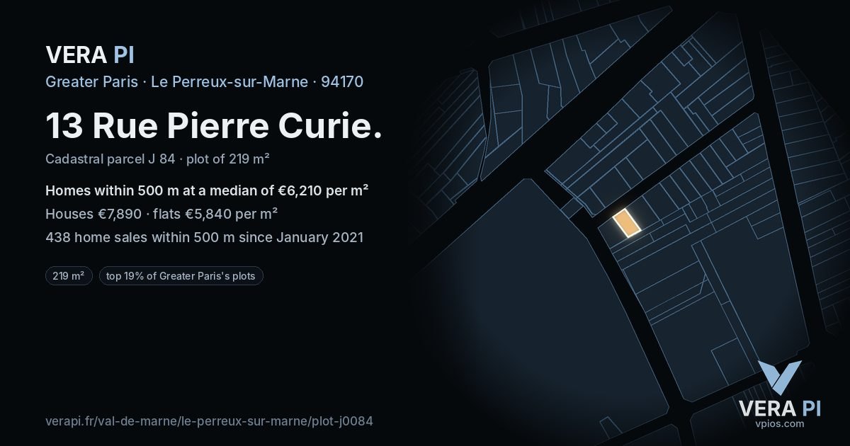 13 Rue Pierre Curie, Le Perreux-sur-Marne at night – the plot lit, the parcels around coloured by the prices near them