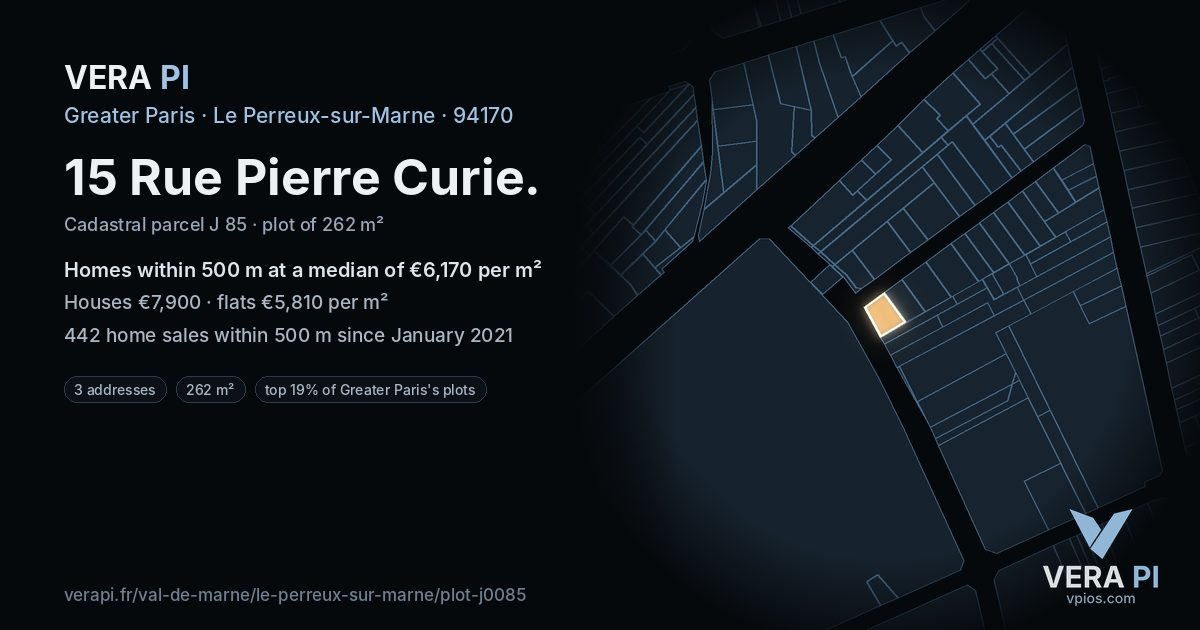 15 Rue Pierre Curie, Le Perreux-sur-Marne at night – the plot lit, the parcels around coloured by the prices near them