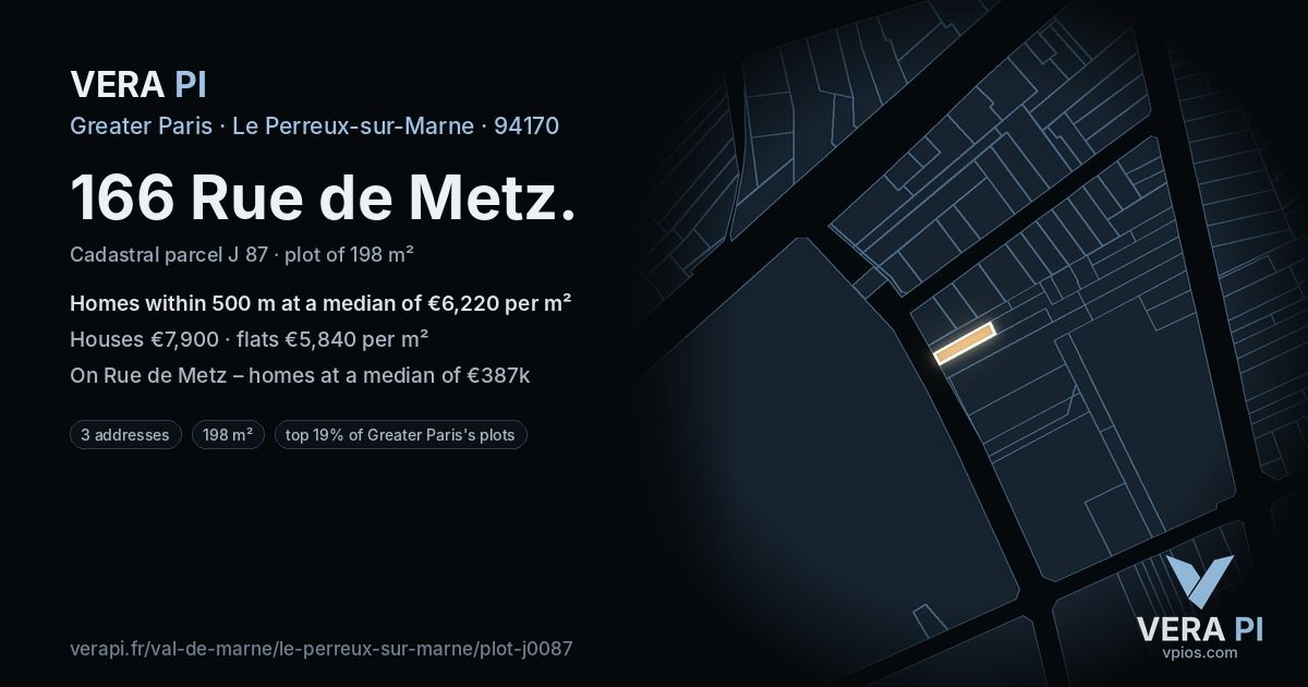 166 Rue de Metz, Le Perreux-sur-Marne at night – the plot lit, the parcels around coloured by the prices near them