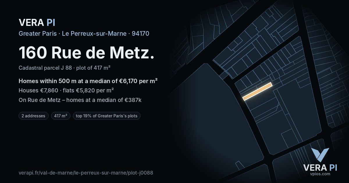 160 Rue de Metz, Le Perreux-sur-Marne at night – the plot lit, the parcels around coloured by the prices near them