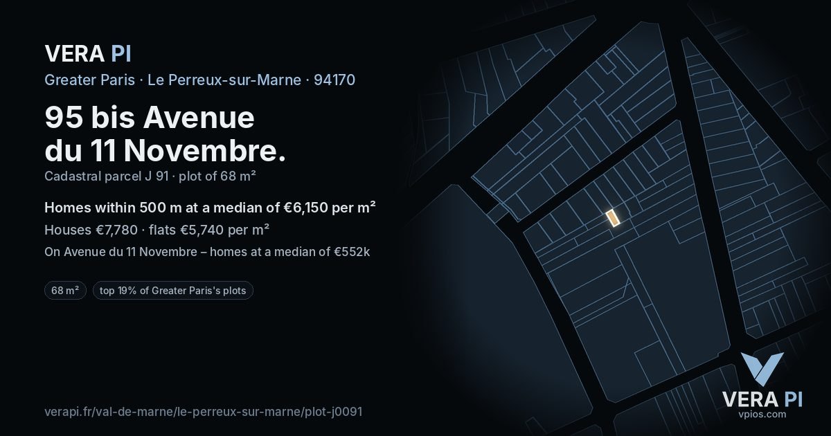 95 bis Avenue du 11 Novembre, Le Perreux-sur-Marne at night – the plot lit, the parcels around coloured by the prices near them