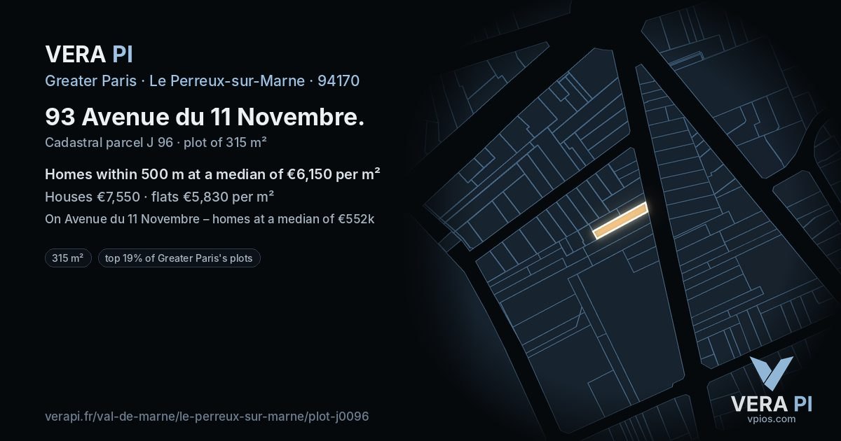 93 Avenue du 11 Novembre, Le Perreux-sur-Marne at night – the plot lit, the parcels around coloured by the prices near them