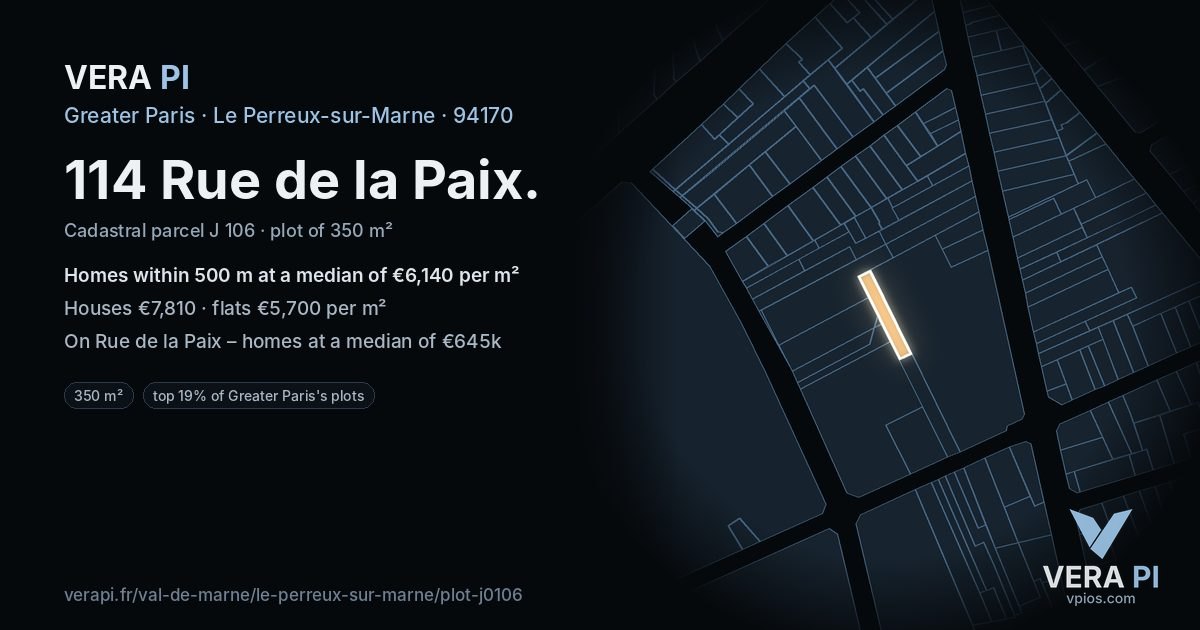 114 Rue de la Paix, Le Perreux-sur-Marne at night – the plot lit, the parcels around coloured by the prices near them