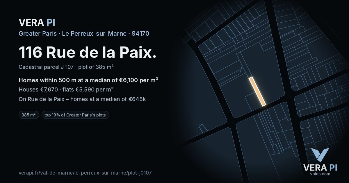 116 Rue de la Paix, Le Perreux-sur-Marne at night – the plot lit, the parcels around coloured by the prices near them