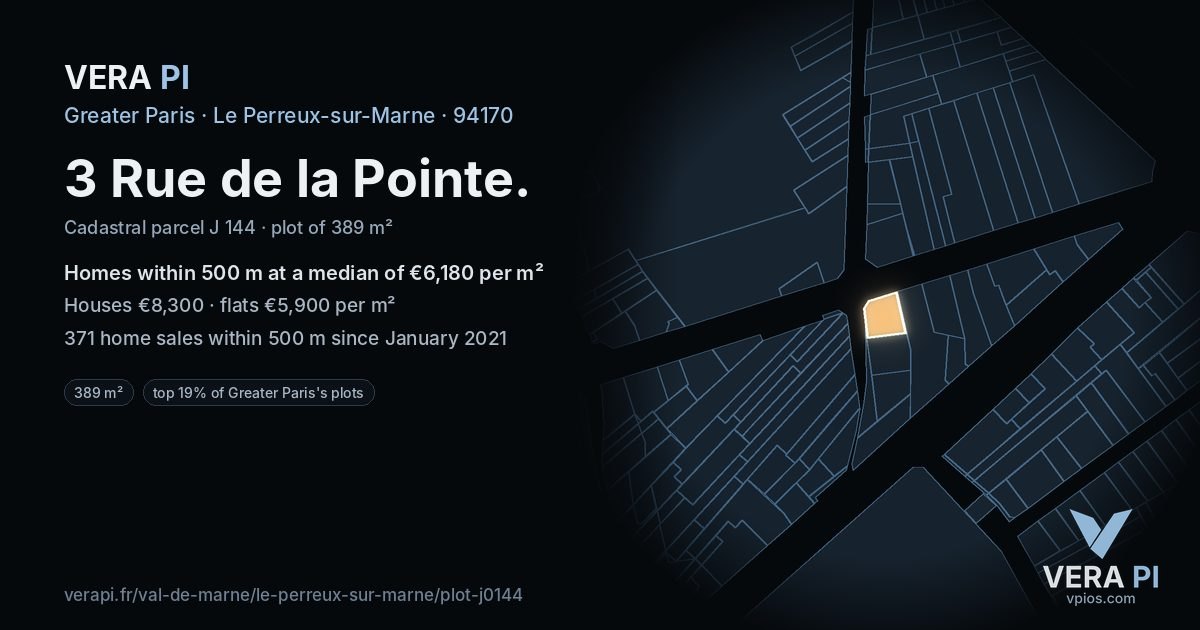3 Rue de la Pointe, Le Perreux-sur-Marne at night – the plot lit, the parcels around coloured by the prices near them