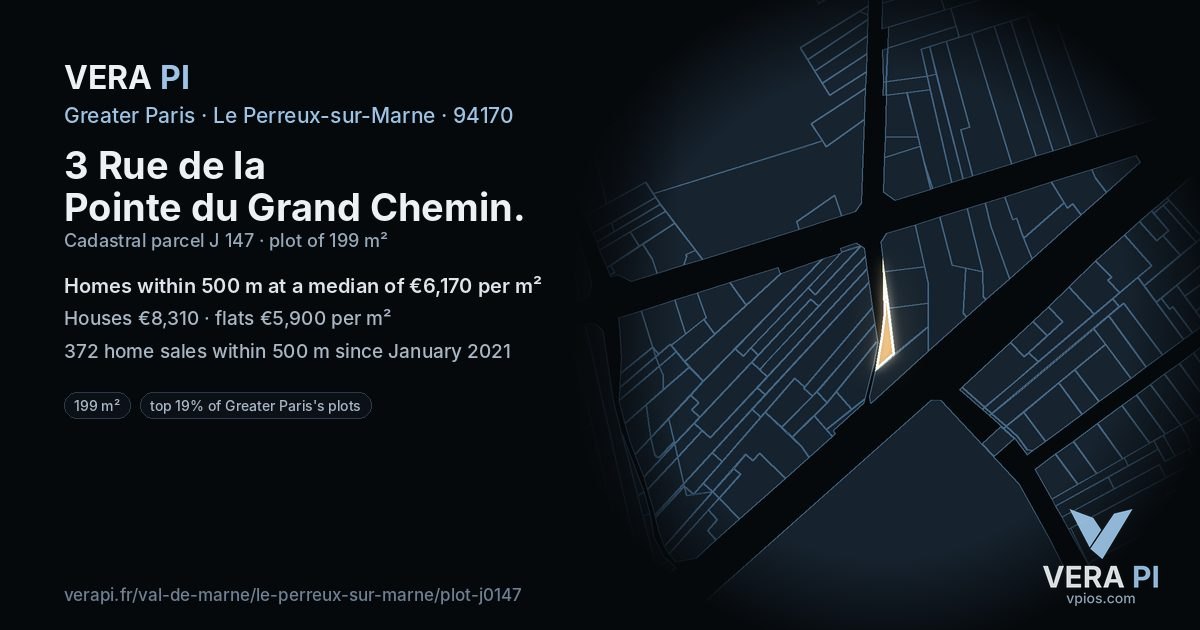 3 Rue de la Pointe du Grand Chemin, Le Perreux-sur-Marne at night – the plot lit, the parcels around coloured by the prices near them