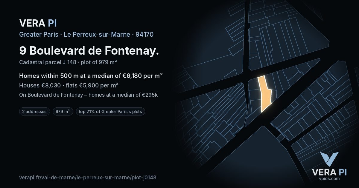 9 Boulevard de Fontenay, Le Perreux-sur-Marne at night – the plot lit, the parcels around coloured by the prices near them