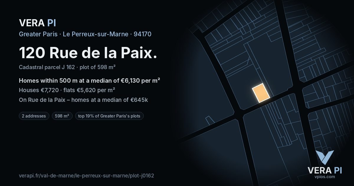 120 Rue de la Paix, Le Perreux-sur-Marne at night – the plot lit, the parcels around coloured by the prices near them