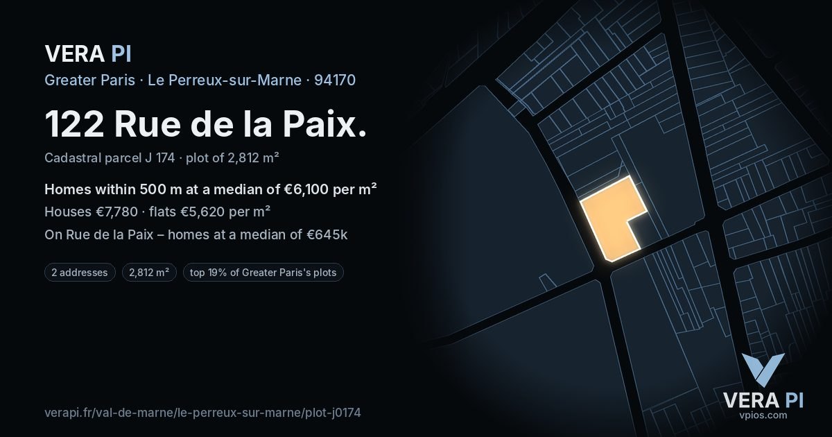 122 Rue de la Paix, Le Perreux-sur-Marne at night – the plot lit, the parcels around coloured by the prices near them