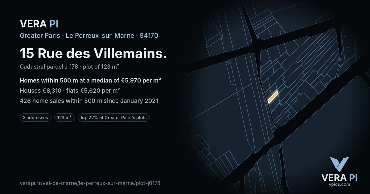15 Rue des Villemains, Le Perreux-sur-Marne at night – the plot lit, the parcels around coloured by the prices near them