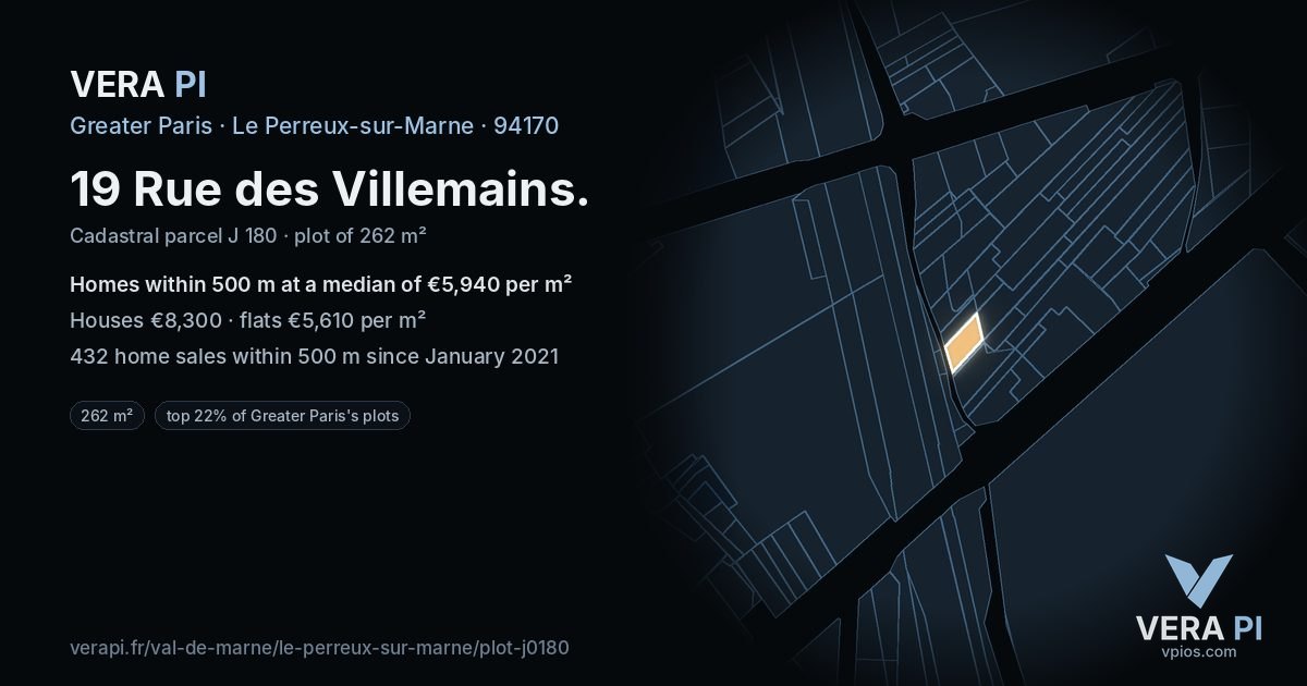 19 Rue des Villemains, Le Perreux-sur-Marne at night – the plot lit, the parcels around coloured by the prices near them