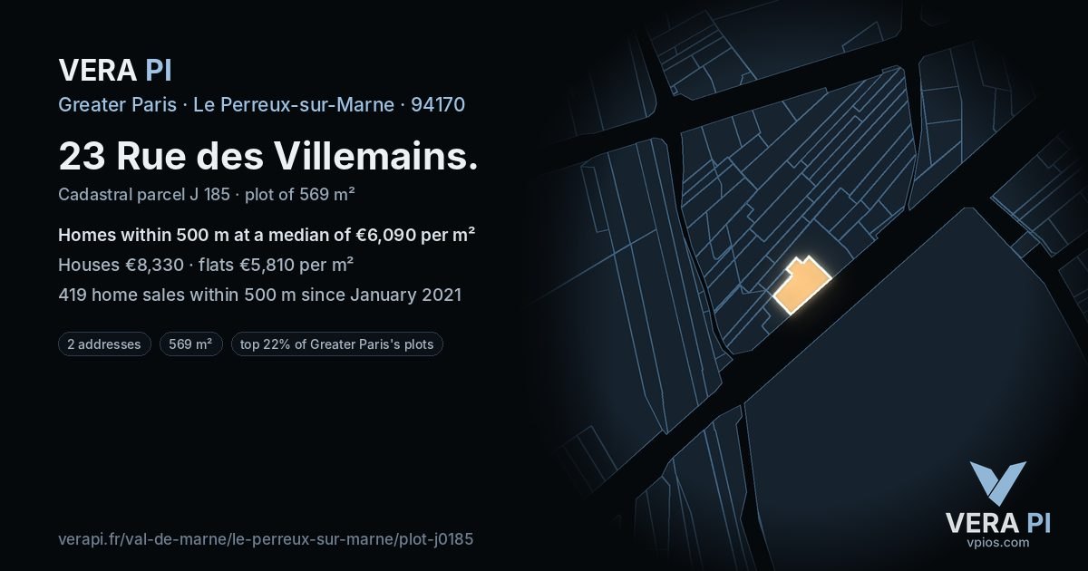 23 Rue des Villemains, Le Perreux-sur-Marne at night – the plot lit, the parcels around coloured by the prices near them