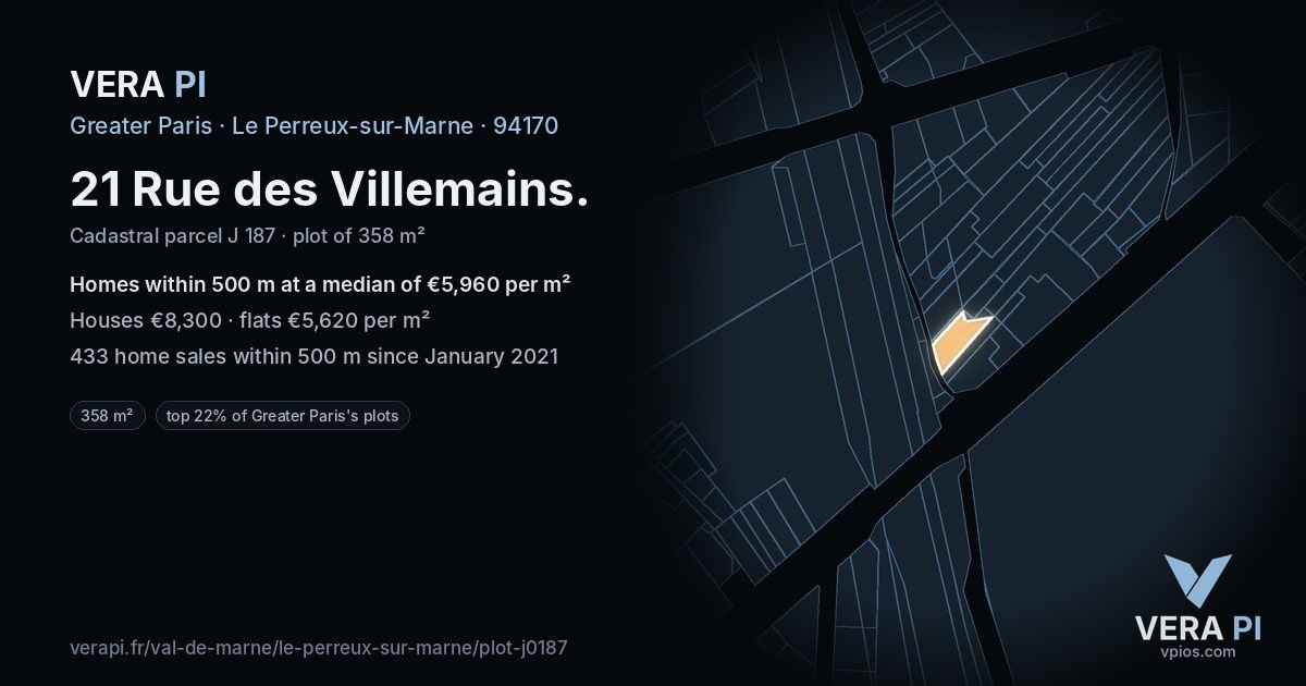 21 Rue des Villemains, Le Perreux-sur-Marne at night – the plot lit, the parcels around coloured by the prices near them