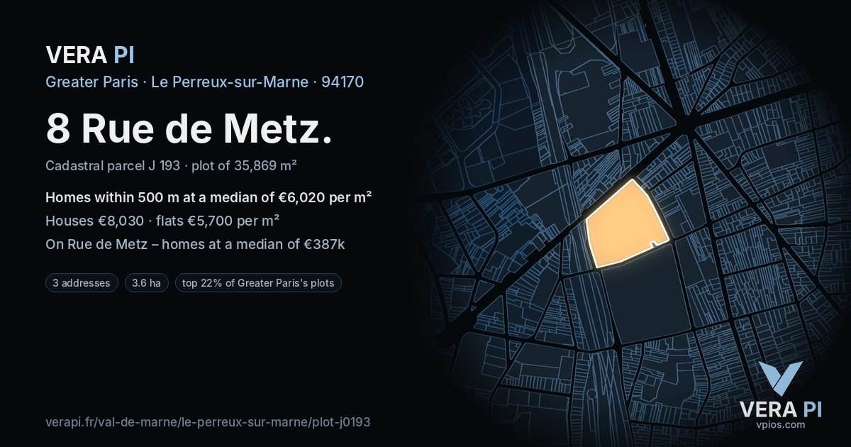 8 Rue de Metz, Le Perreux-sur-Marne at night – the plot lit, the parcels around coloured by the prices near them