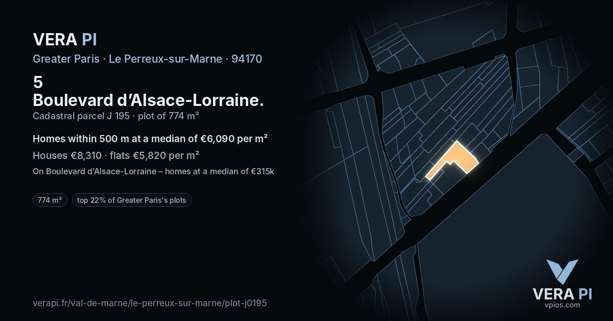 5 Boulevard d’Alsace-Lorraine, Le Perreux-sur-Marne at night – the plot lit, the parcels around coloured by the prices near them