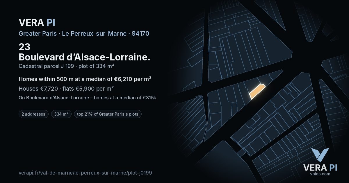 23 Boulevard d’Alsace-Lorraine, Le Perreux-sur-Marne at night – the plot lit, the parcels around coloured by the prices near them