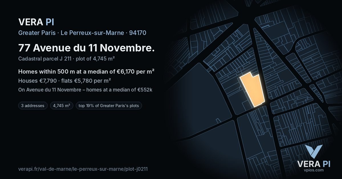 77 Avenue du 11 Novembre, Le Perreux-sur-Marne at night – the plot lit, the parcels around coloured by the prices near them