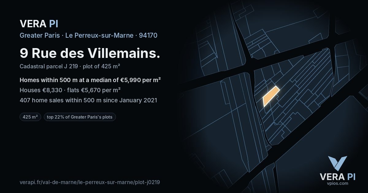 9 Rue des Villemains, Le Perreux-sur-Marne at night – the plot lit, the parcels around coloured by the prices near them
