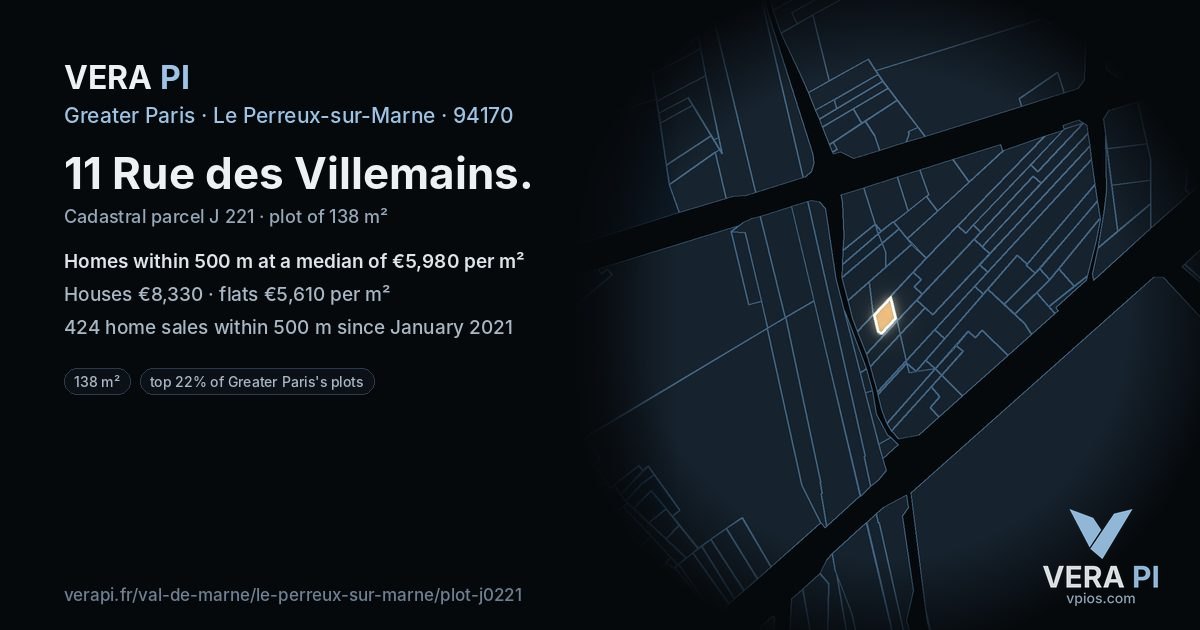 11 Rue des Villemains, Le Perreux-sur-Marne at night – the plot lit, the parcels around coloured by the prices near them