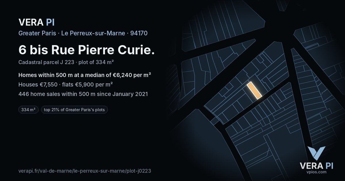 6 bis Rue Pierre Curie, Le Perreux-sur-Marne at night – the plot lit, the parcels around coloured by the prices near them