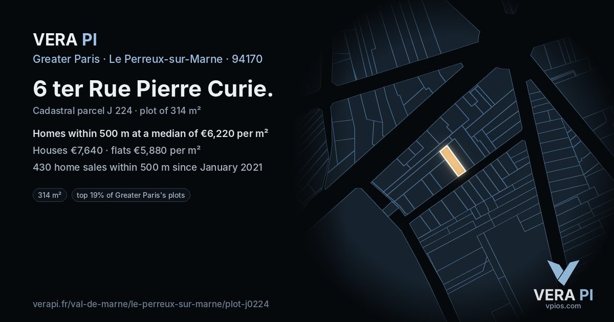 6 ter Rue Pierre Curie, Le Perreux-sur-Marne at night – the plot lit, the parcels around coloured by the prices near them