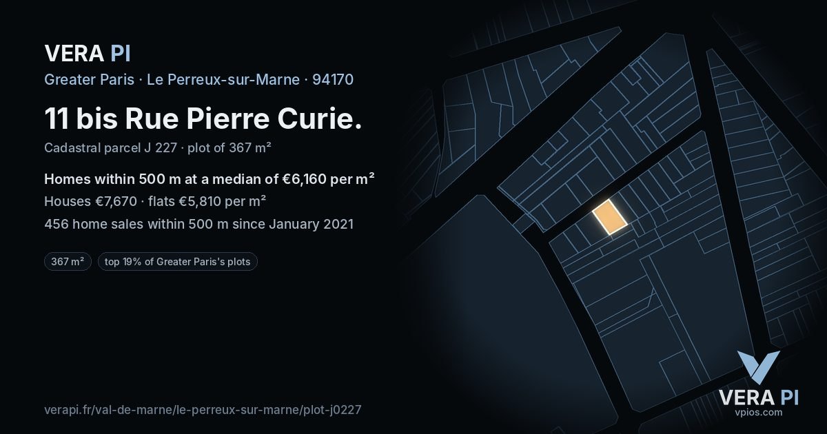 11 bis Rue Pierre Curie, Le Perreux-sur-Marne at night – the plot lit, the parcels around coloured by the prices near them