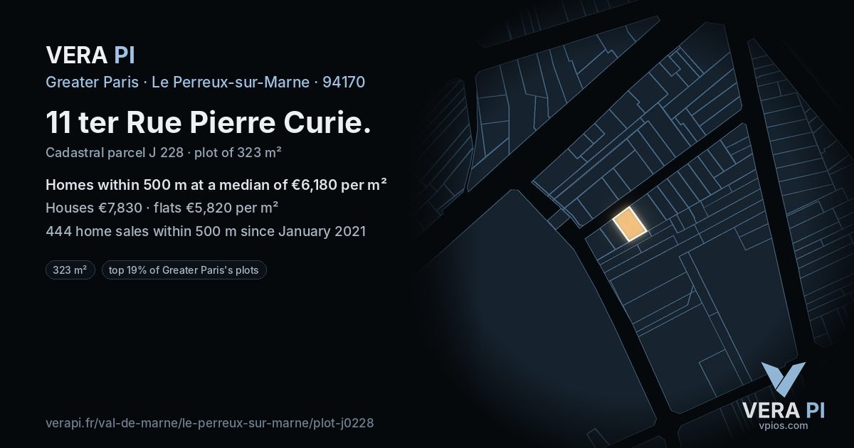 11 ter Rue Pierre Curie, Le Perreux-sur-Marne at night – the plot lit, the parcels around coloured by the prices near them