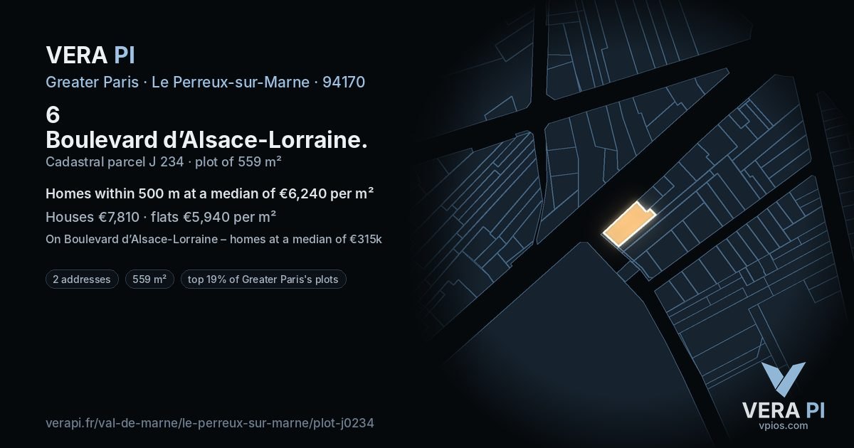 6 Boulevard d’Alsace-Lorraine, Le Perreux-sur-Marne at night – the plot lit, the parcels around coloured by the prices near them