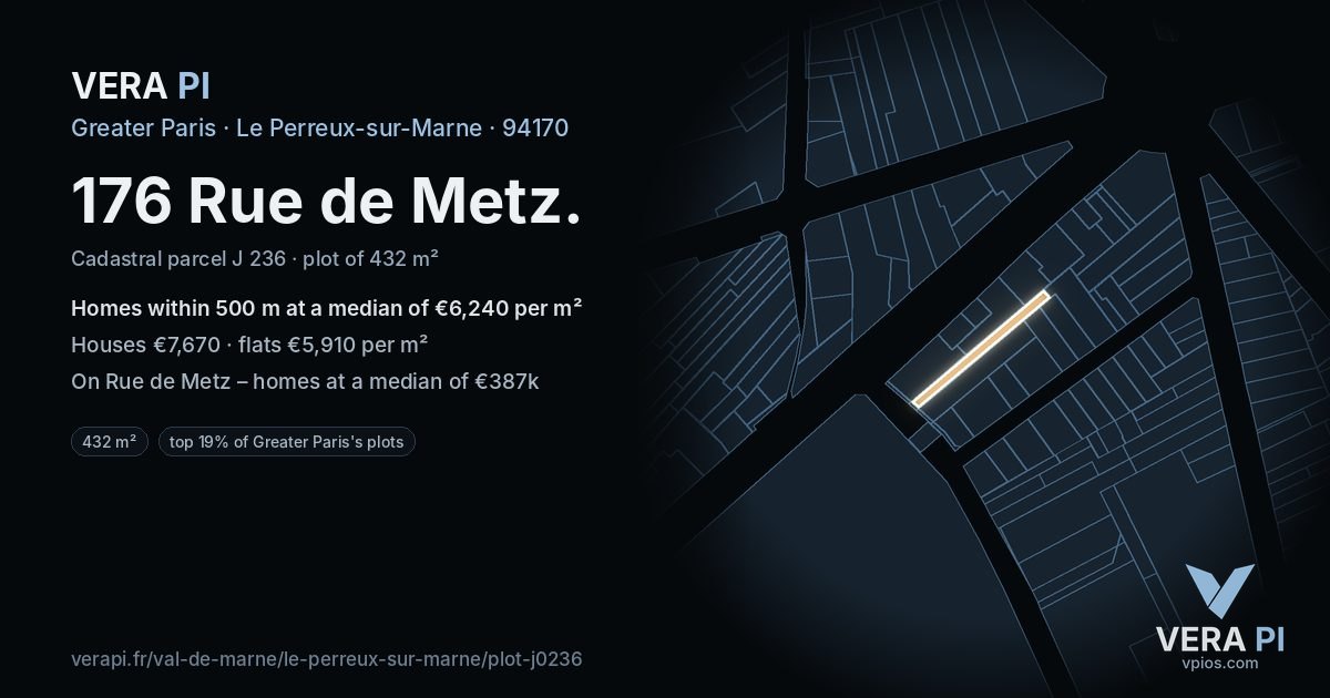 176 Rue de Metz, Le Perreux-sur-Marne at night – the plot lit, the parcels around coloured by the prices near them