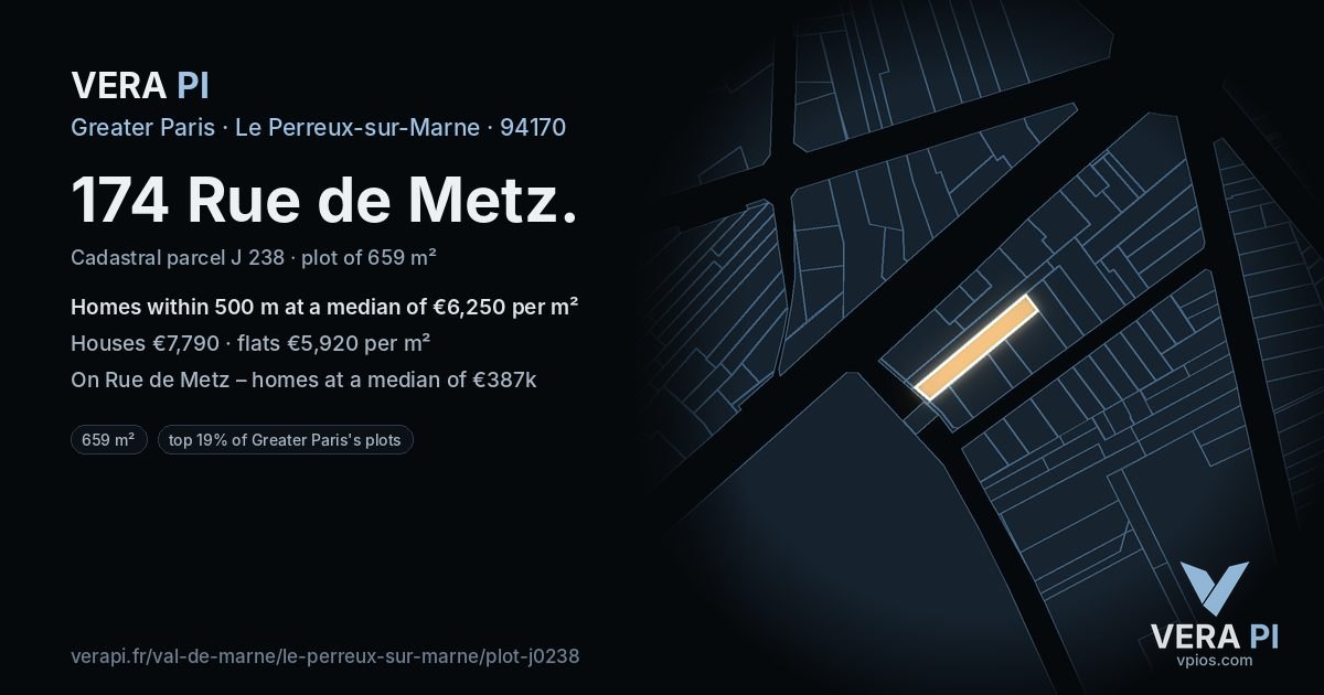 174 Rue de Metz, Le Perreux-sur-Marne at night – the plot lit, the parcels around coloured by the prices near them